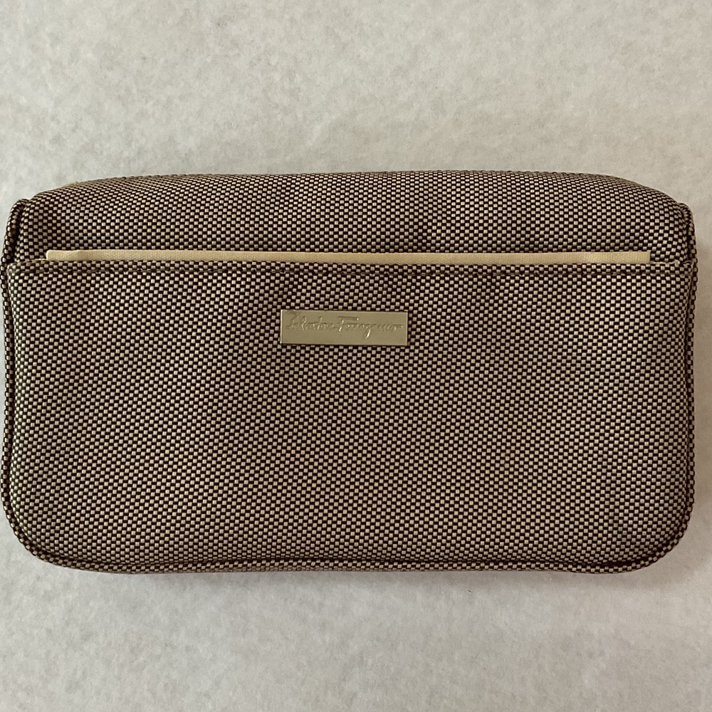 Salvatore Ferragamo Brown Textured Canvas Toiletry Pouch with Gold Accent